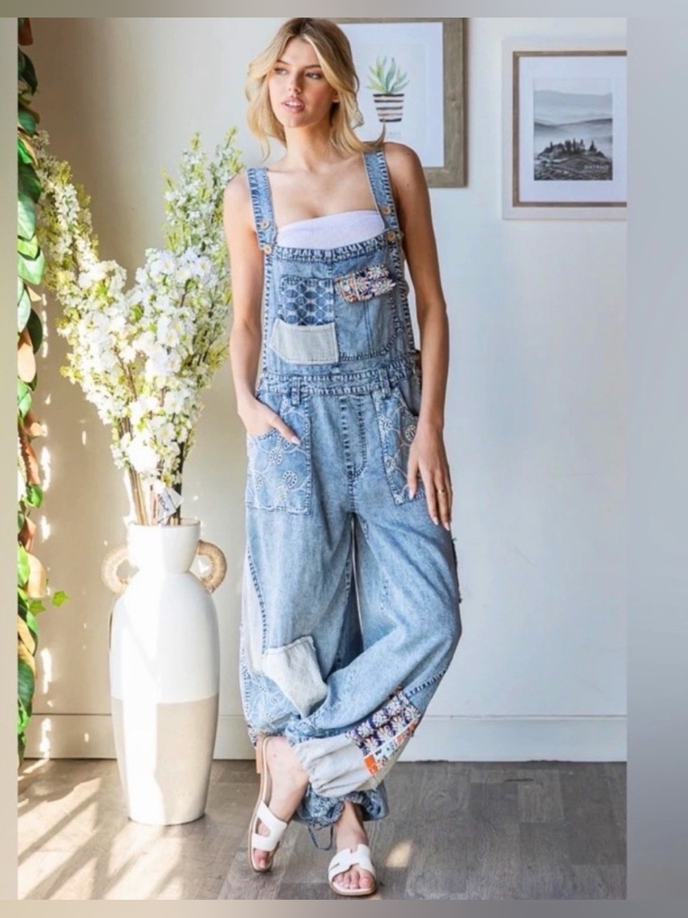 NWOT Women’s Saving Grace Oli & Hali patchwork Denim Overalls Jumpsuit - Blue
